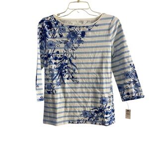 Talbots Striped Top with Blue Floral Design small petite NWT